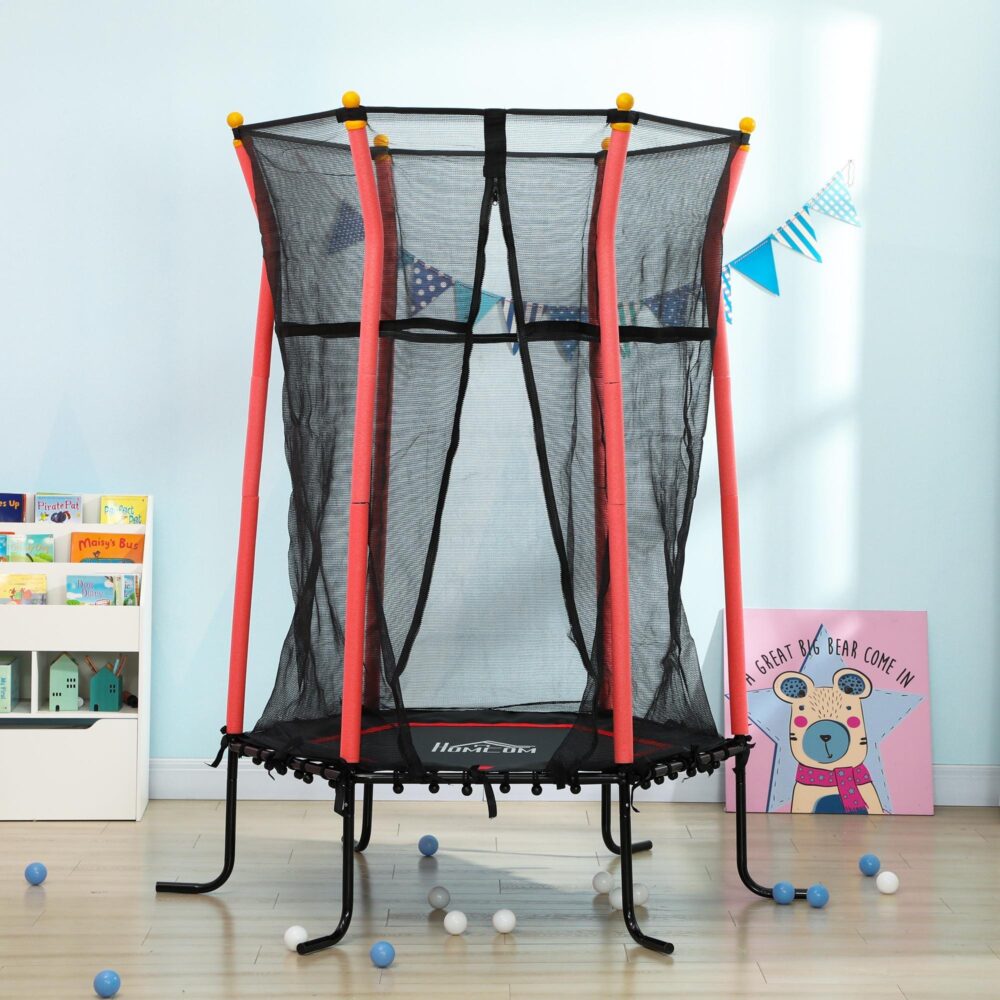 Studsmatta för barn med skyddsnät och kantskydd, inomhus och utomhus, bekväm åtkomst med dragkedja för enkel ingång – Slitstark stålram med max belastning 50 kg
