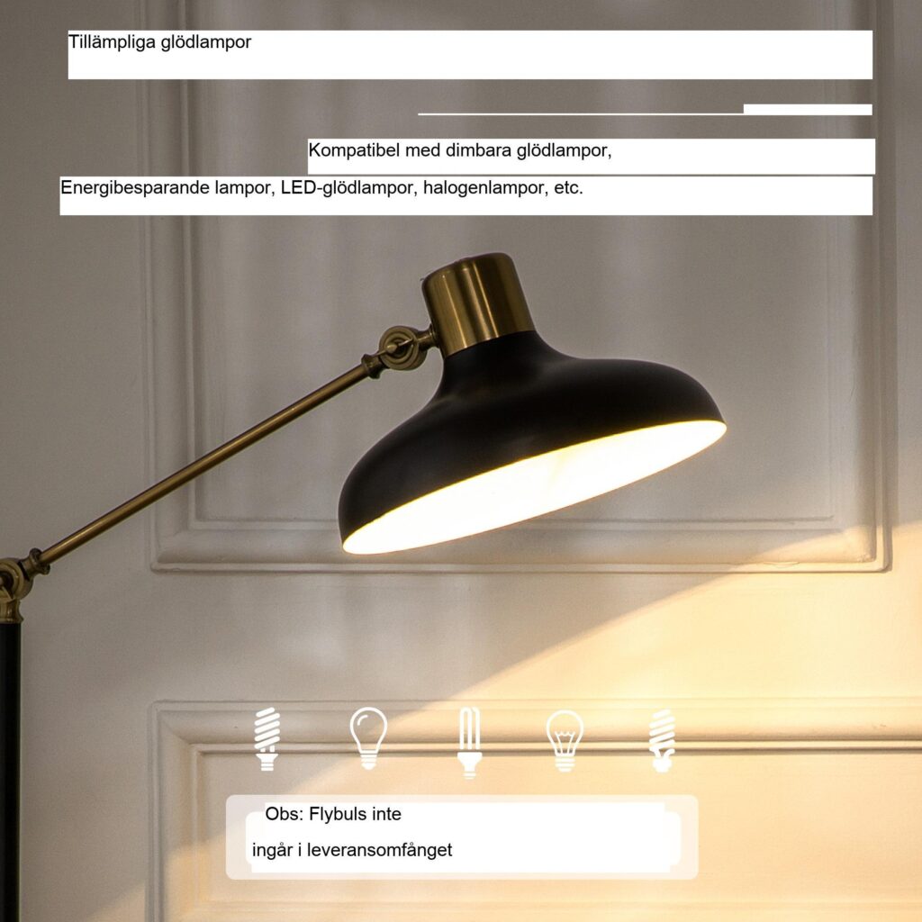 Justerbar höjd svängbar läsgolvlampa med svart och guld industriell design - enkel montering och hållbar metallbas