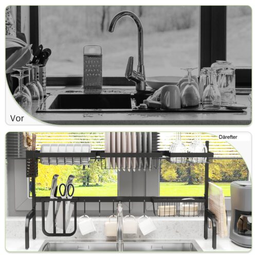 Diskställare med 2 nivåer med krok och droppbricka | Platsbesparande stålställ för diskbänk (justerbar 51-93 cm)