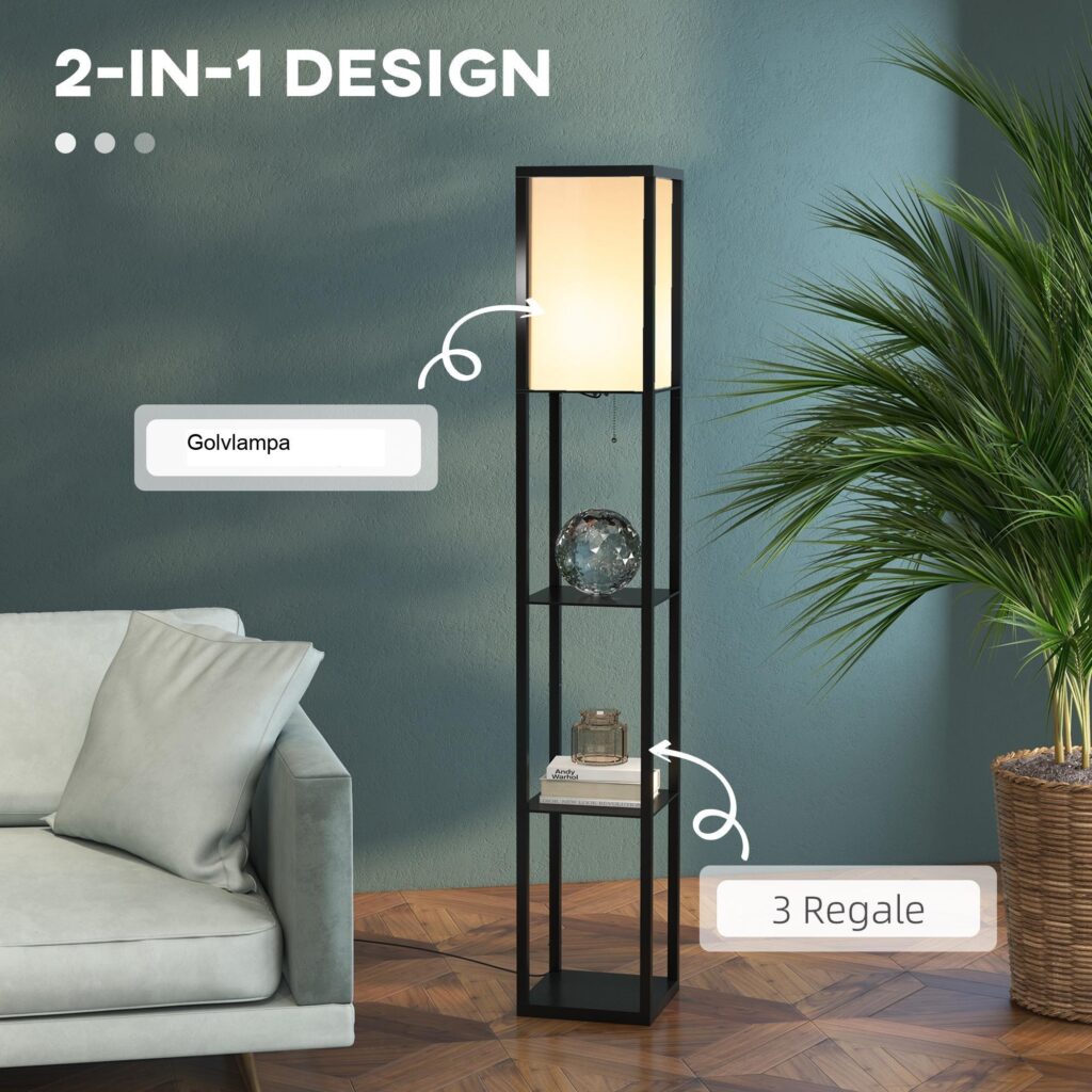 Snygg stående lampa med hyllor för förvaring och varm belysning - hållbar träkonstruktion, rymdbesparande design