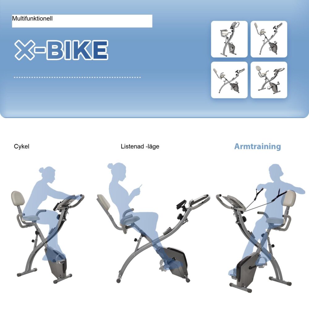 Ergometer X-Bike med LCD-skärm – hopfällbar design och spännrep för helkroppsträning