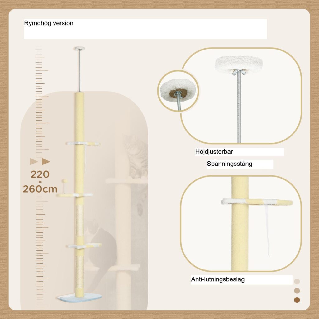 Justerbar höjdkattskrapningsträd med fast material och antislipsskydd, gul + vit + blå design, lämplig för katter upp till 5 kg