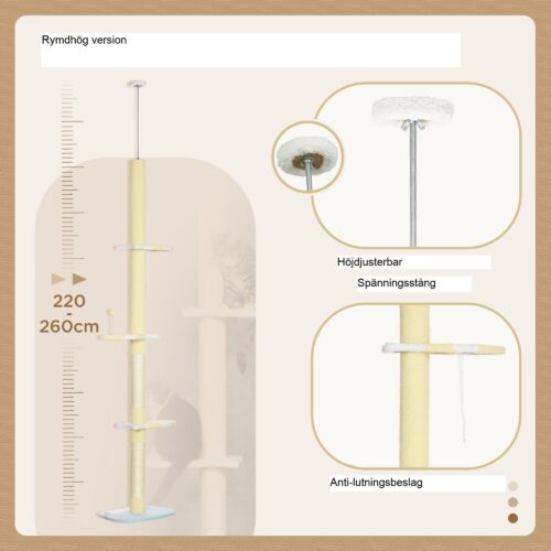 Justerbar höjdkattskrapningsträd med fast material och antislipsskydd, gul + vit + blå design, lämplig för katter upp till 5 kg