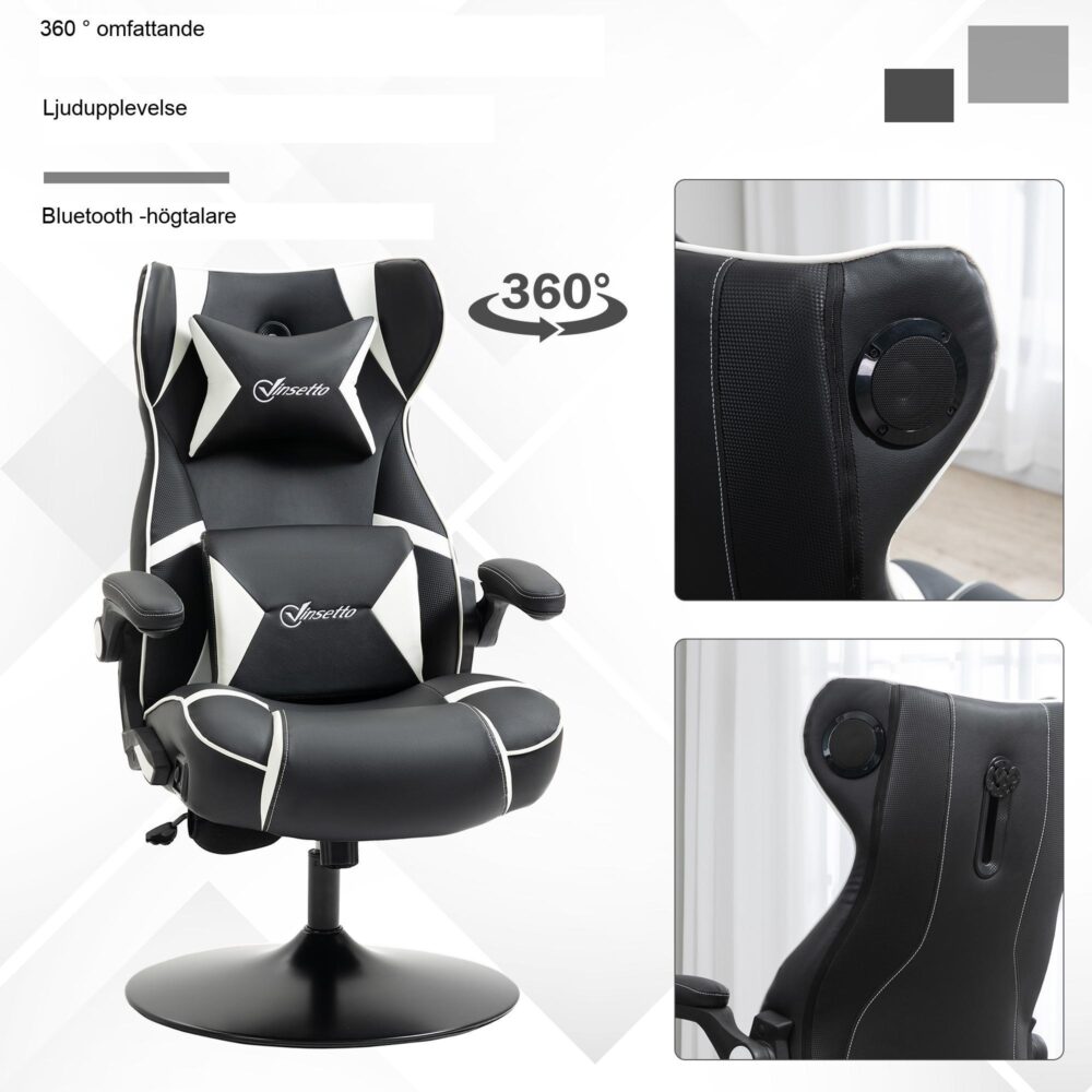 Rocker Gaming Chair – Ergonomisk, höj- och sänkbar kontorsstol med inbyggda Bluetooth-högtalare, fällbara armstöd, svank- och nackstöd