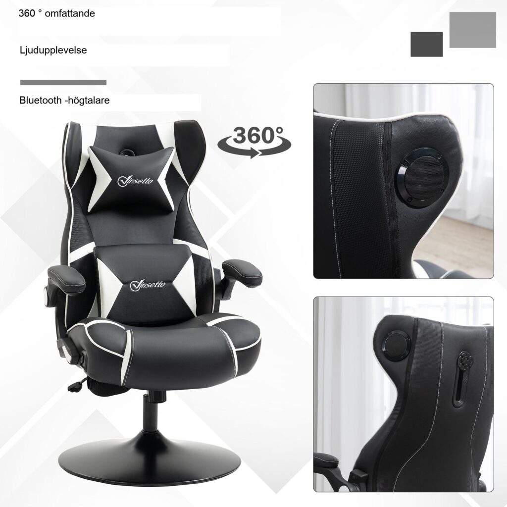 Rocker Gaming Chair - Ergonomisk, höj- och sänkbar kontorsstol med inbyggda Bluetooth-högtalare, fällbara armstöd, svank- och nackstöd