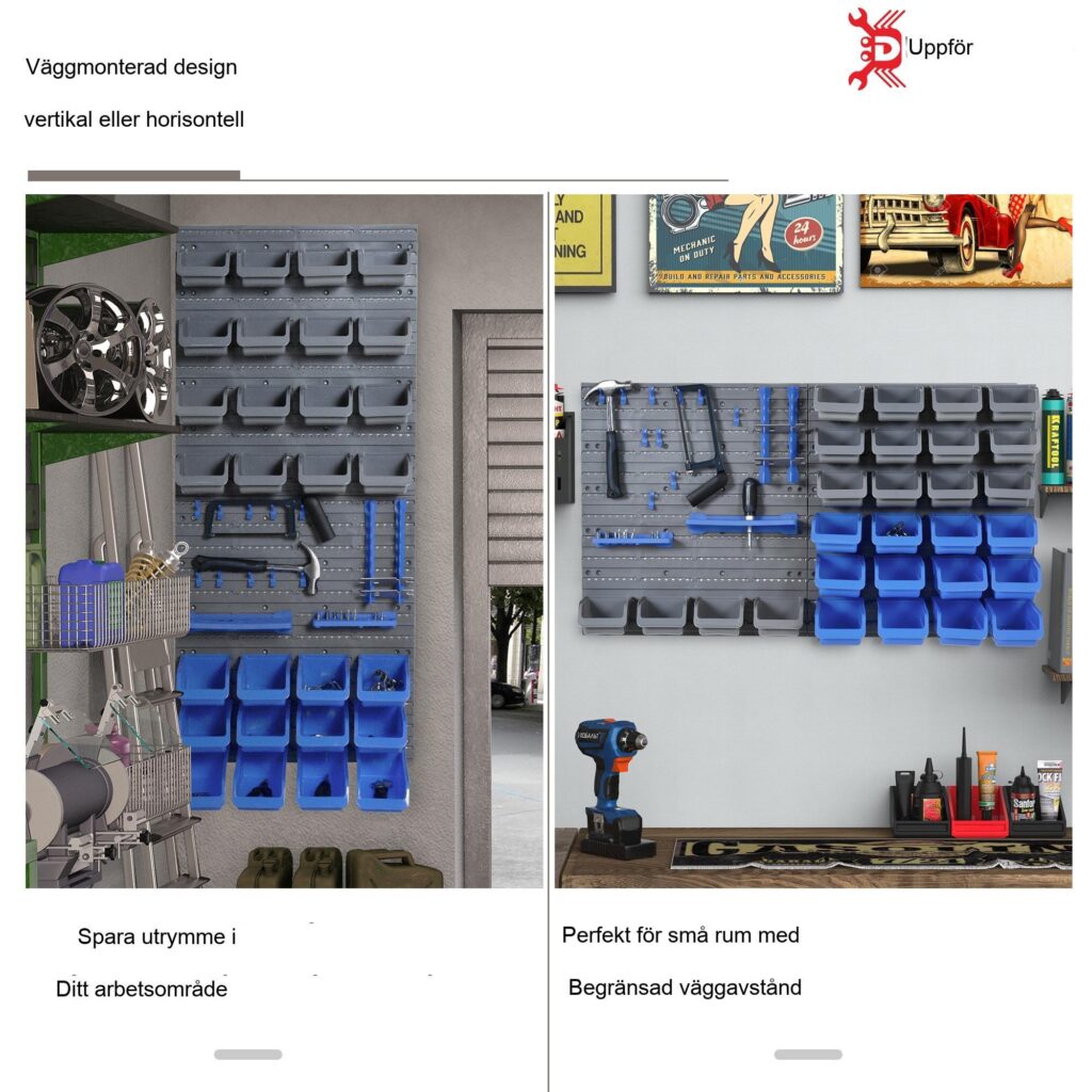 Verktygshålvägg, verktygshållare - Blå och Grå | 44-delad väggorganisatör för verktygsförvaring med mångsidig vertikal och horisontell montering, hållbar plastkonstruktion
