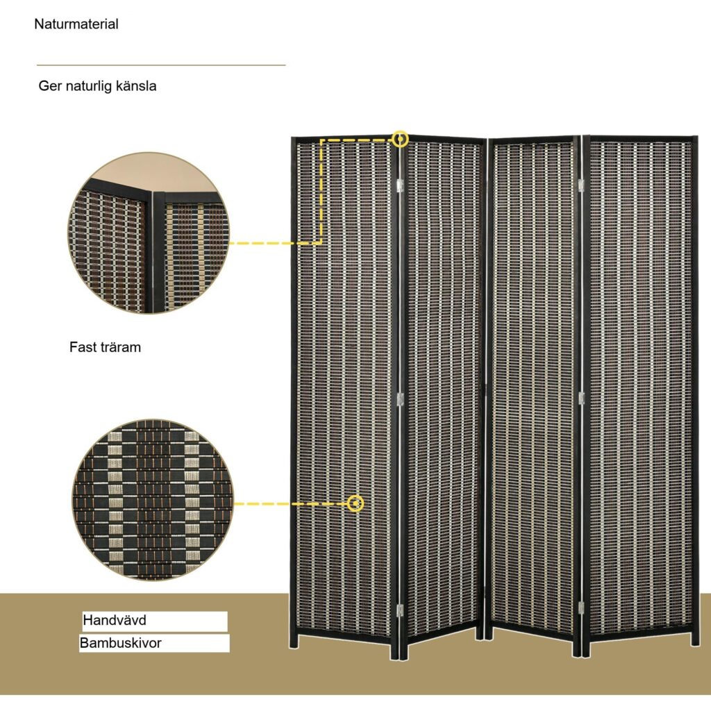 4-panel hopfällbar rumsavdelare i bambu och furu | Hållbar, enkel hantering för integritet