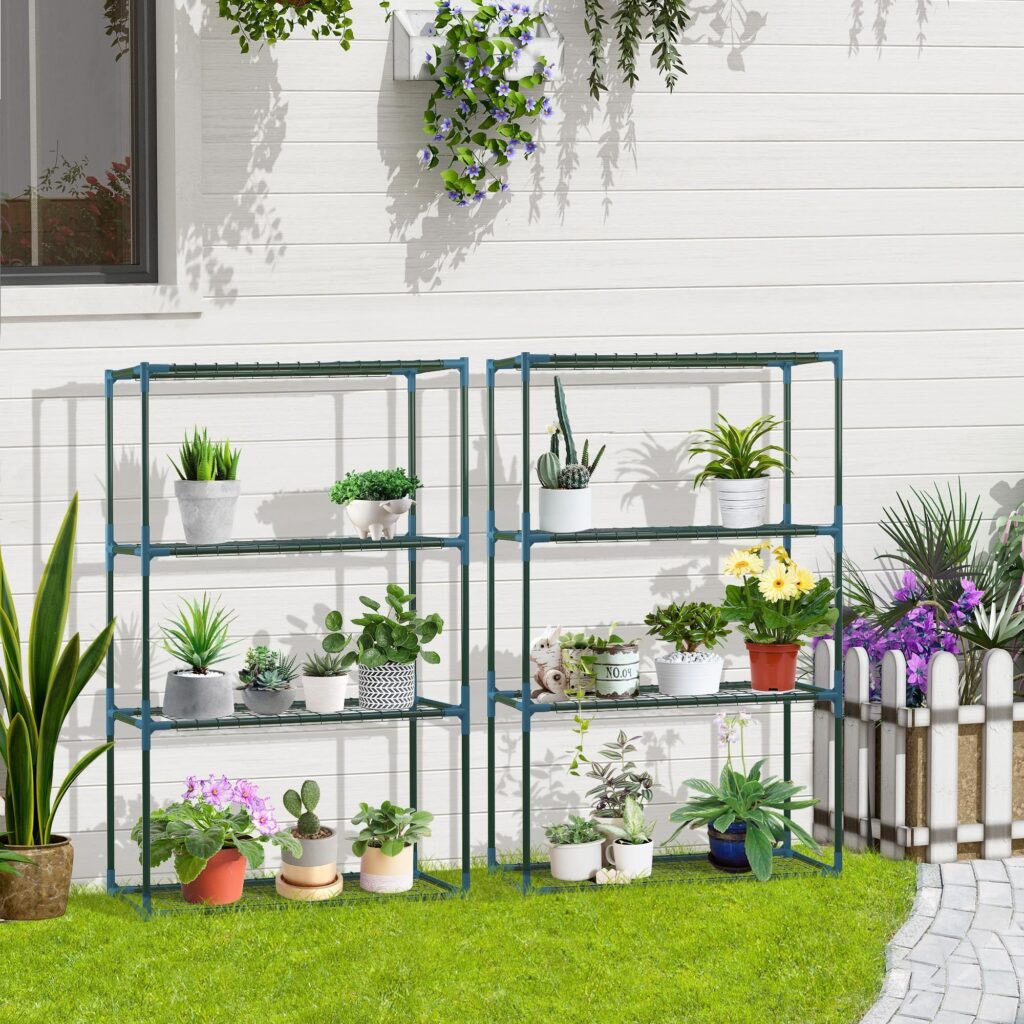 Växthylla Set med 2 | 4 nivåer blomkrukhållare för balkong / trädgård, robust stålkonstruktion med platsbesparande design, kraftig och lätt att montera