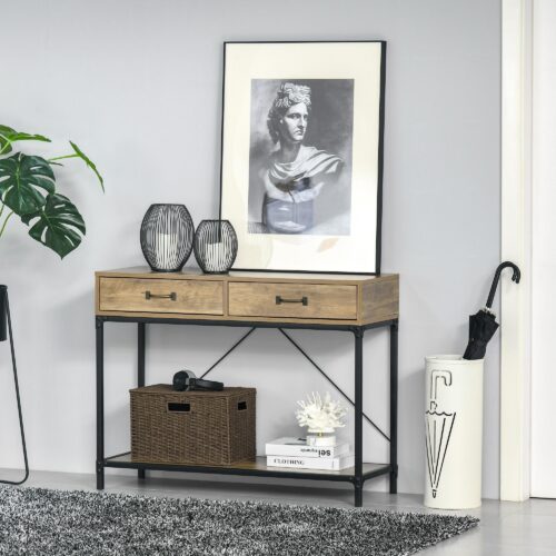Vintage brunt och svart industriellt konsolbord med 2 lådor och bottenhylla för hall och vardagsrum | Robust konstruktion med överrullningsskydd