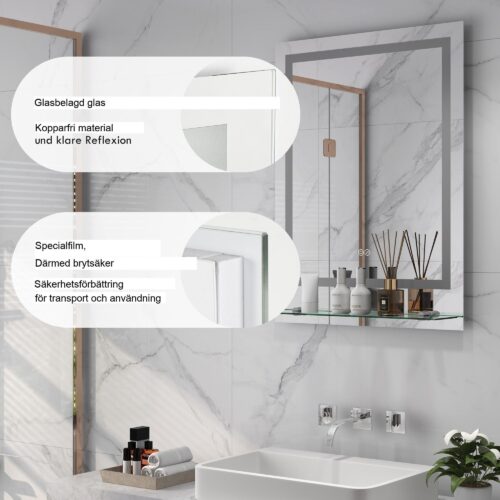 Badrumsspegel med justerbar LED-belysning, minnesfunktion och anti-dimma design | Tryck på Switch-kontroll | IP44-certifierad