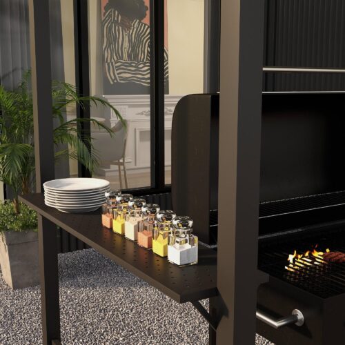 BBQ Grill Pavilion – Väderbeständigt skydd med skugga, förvaring och ventilation | Stålram, sidohyllor, 7 krokar, passar grillar upp till 100 cm