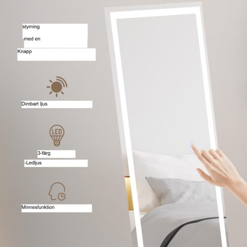 Hellång spegel 40x150cm med justerbar LED-belysning (3 ljusfärger) | Enknappskontroll och minnesfunktion | Alternativ för väggmontering