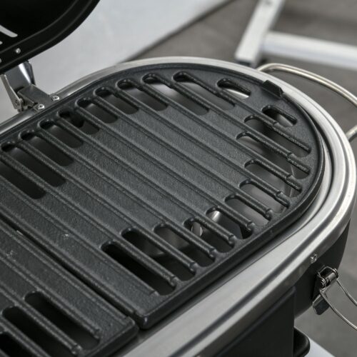 Bärbar campinggasgrill med 2 brännare i rostfritt stål, vikbar design och termometer – kompakt för resor, perfekt för utomhusunderhållning