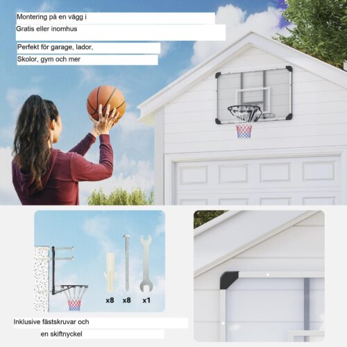 Väggmonterad basketkorg med justerbar höjd – Slitstark stålram för inomhus/utomhusbruk, enkel montering, professionell design