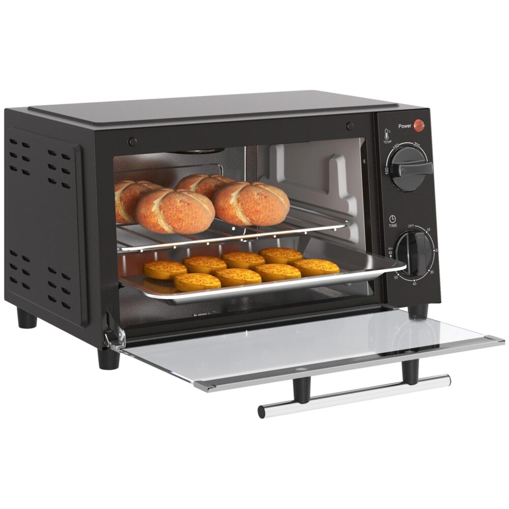 Kompakt 9L mini-oven med justerbar temperatur och timer, glasfönster, konstruktion av rostfritt stål