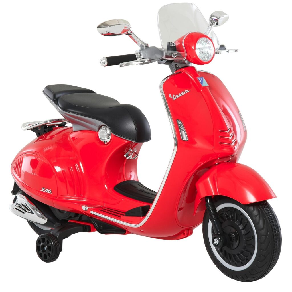 Licensierad VESPA elektrisk motorcykel för barn med inbyggd musik och belysning - 4-hjulsstabilitet för säkrare åkturer