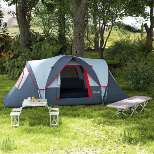 Campingtält för 5-6 personer, rymligt och väderbeständigt, 2-i-1-design med UV-skydd, avtagbart nätfönster, inkluderar pinnar och rep
