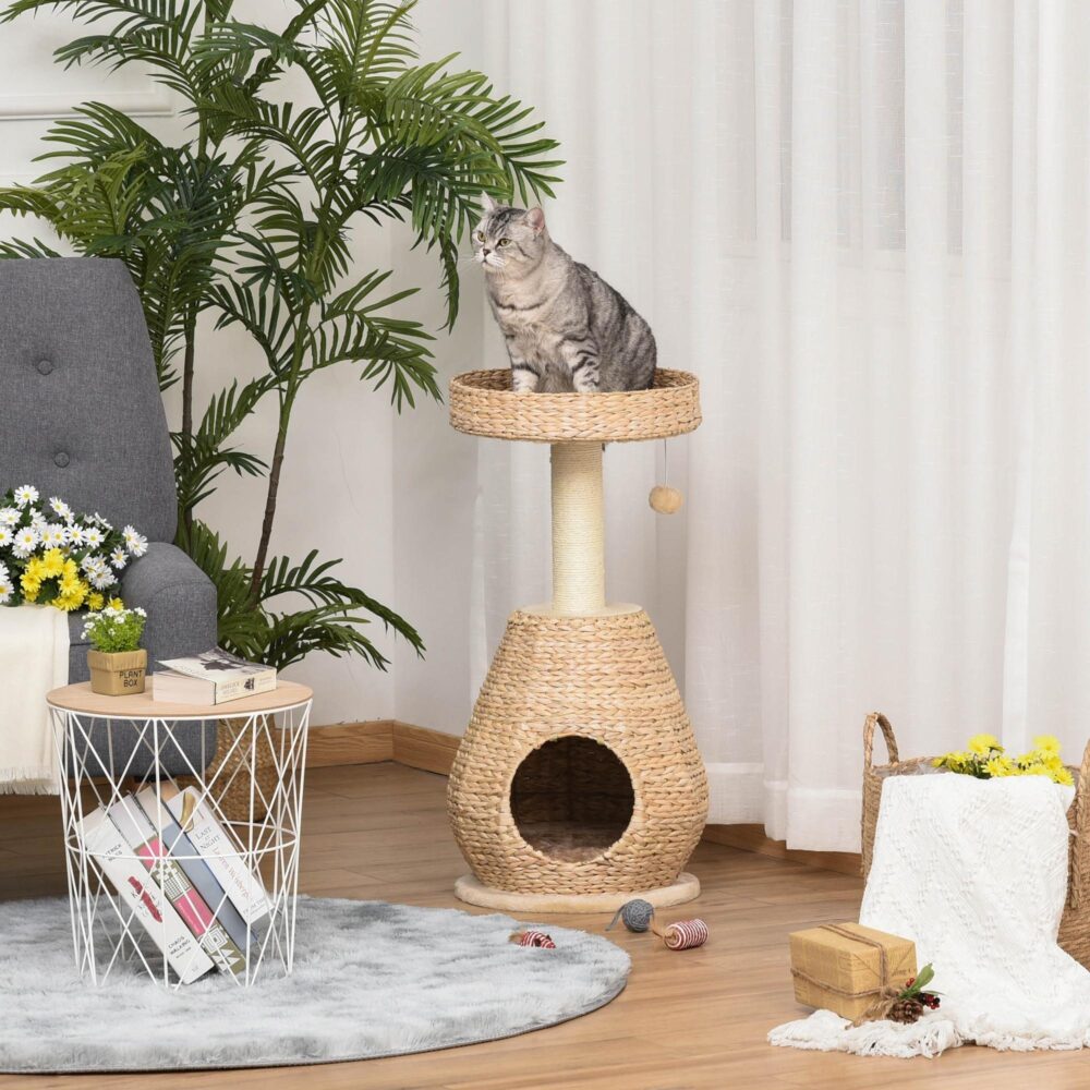 Klösträd med kattgrotta, klösstolpe av sisalrep och bollleksak för små katter – robust, säker och bekväm lek- och rastplats