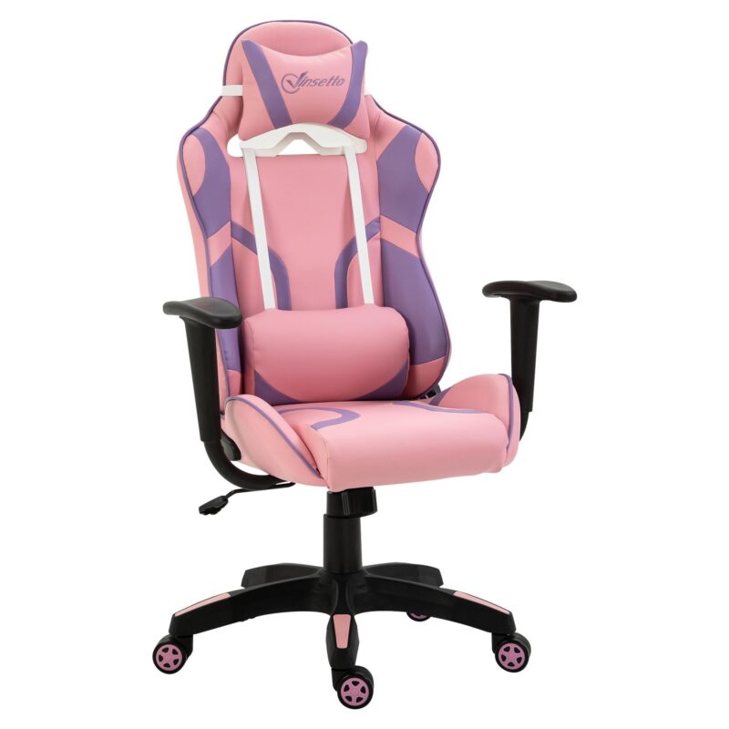 Ergonomisk spelstol med justerbar höjd och massagekudde i ländryggen – rosa och violett racingstil