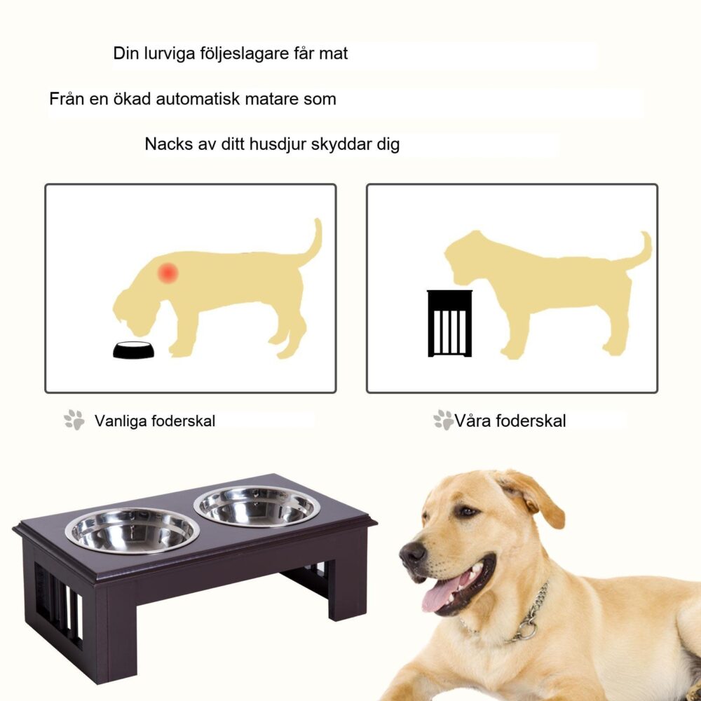 Ergonomisk hundskål Set med 2 matskålar i rostfritt stål med upphöjt stativ för hälsosammare matvanor – slitstark MDF och lätt att rengöra