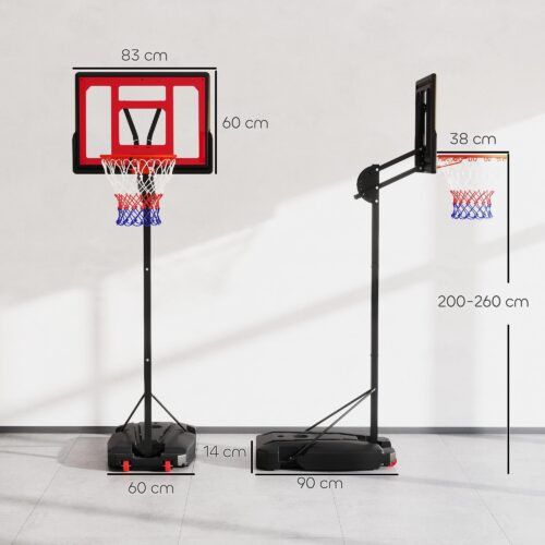 Justerbar höjd (200-260cm) utomhusbasketkorg med hjul för barn i åldrarna 6+