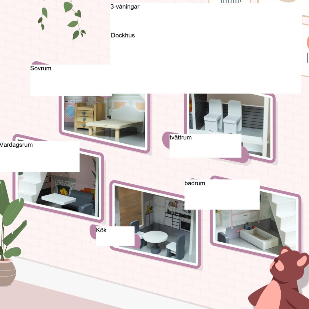3-vånings dockhus i trä för barn - uppmuntrar kreativitet och sociala färdigheter med 13+ möbler