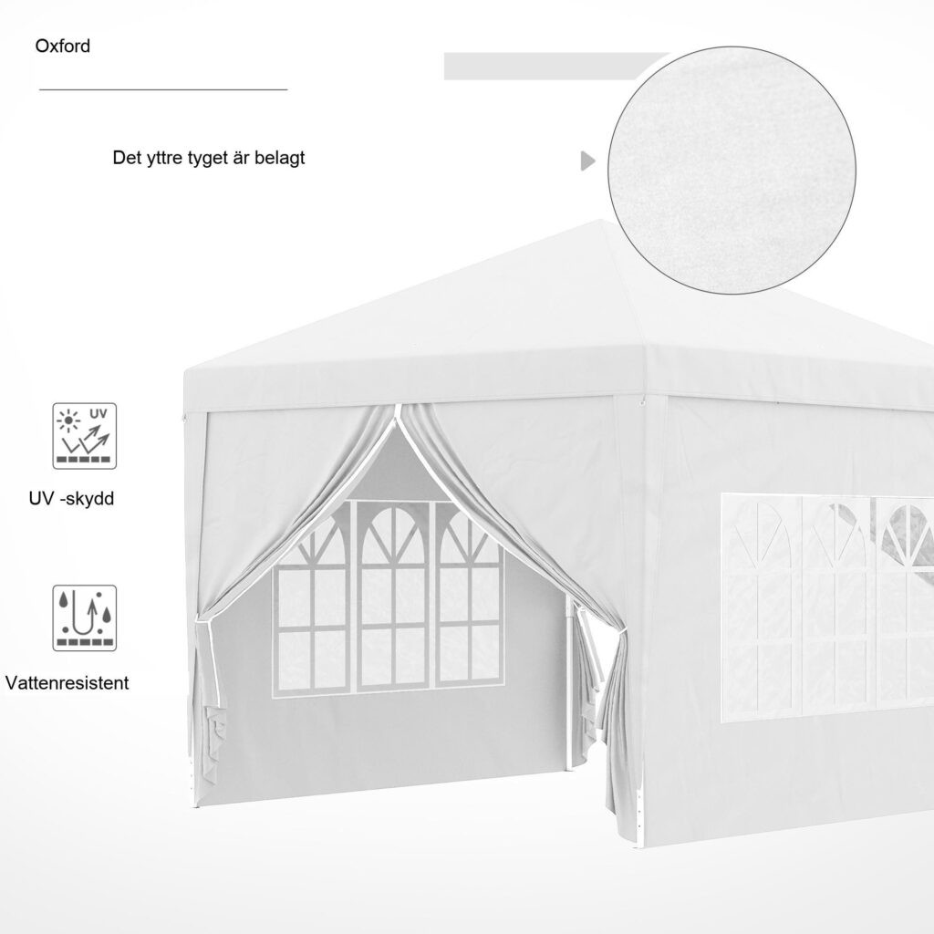 Snabbt uppfört 3x3m lusthus med UV-skydd, fyra sidoväggar och fönster, inklusive bärväska