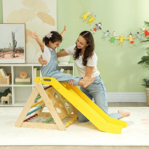 4-i-1 klätterställningsset med rutschkana och klättertriangel | Säker, hållbar klätterväxt i trä för barn 1,5-4 år | Inomhus Jungle Gym med stege, repstege, klättervägg och sandsäckar