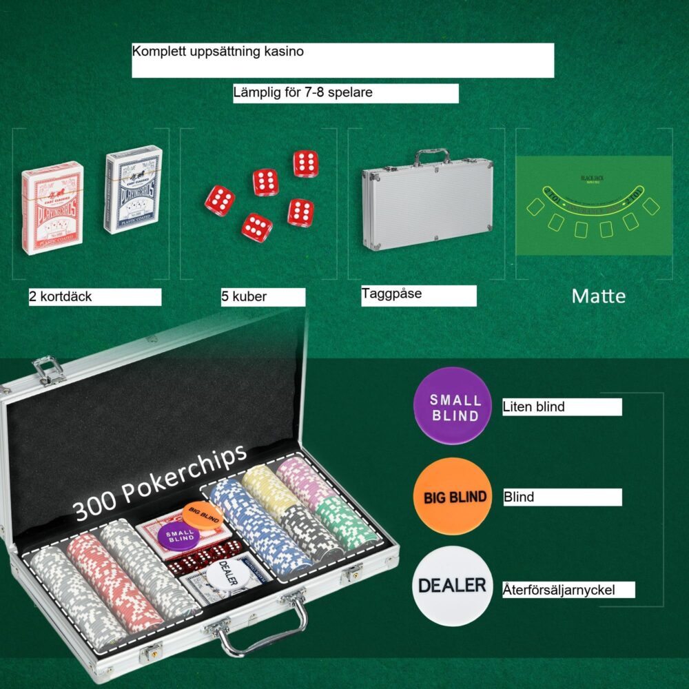 Komplett professionell pokermarkeruppsättning med 300 högkvalitativa marker, låsbart aluminiumfodral och allt för Home Casino Night