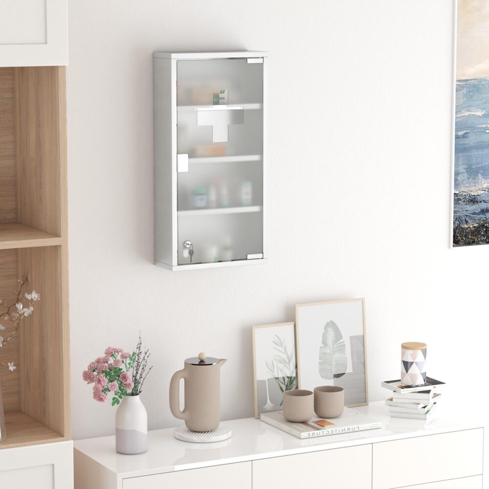Medicinskåp i rostfritt stål med låsbar dörr och säkerhetsglas