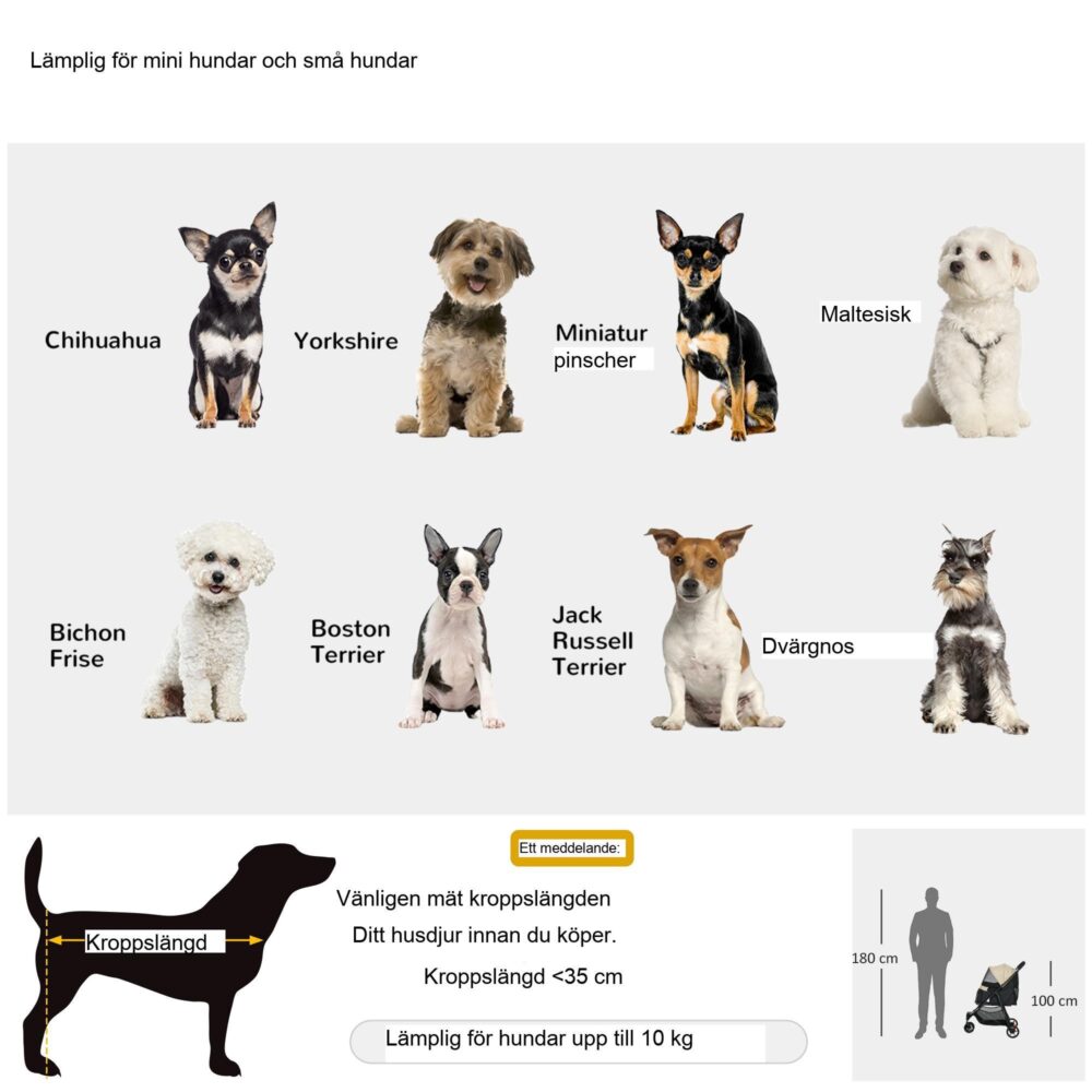 2-i-1 hund- och kattvagn med regnskydd, vikbar design, vadderad korg för säker resa – perfekt för små husdjur upp till 10 kg