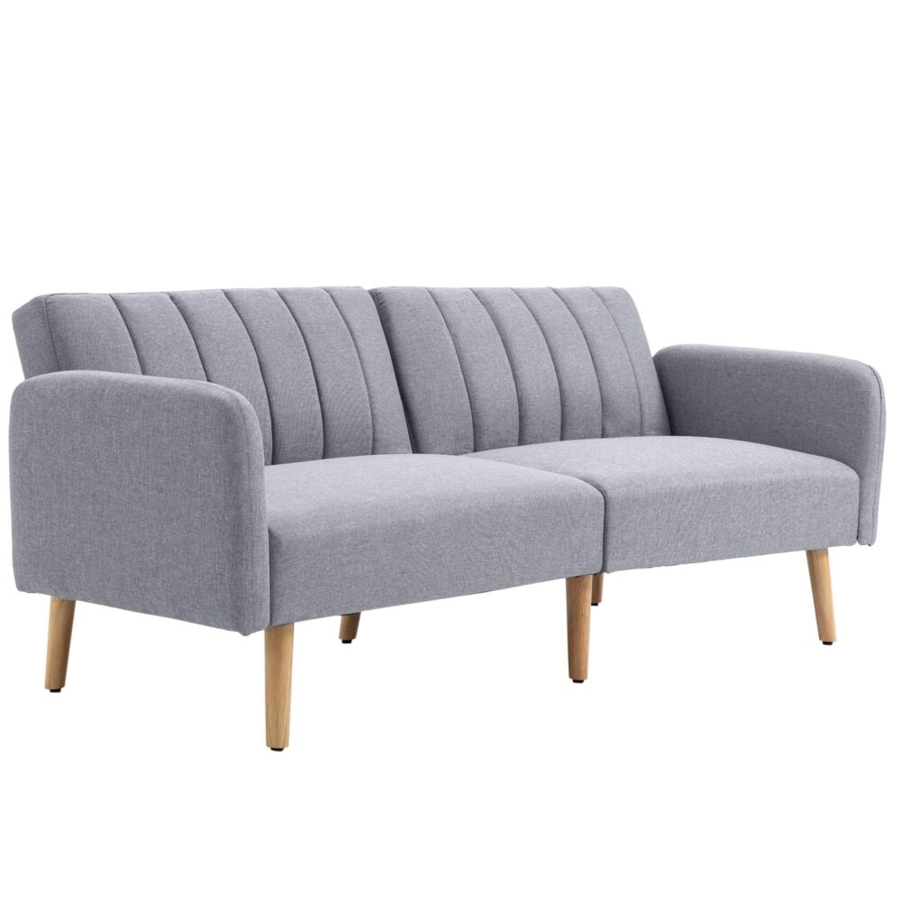 Bäddsoffa med sovfunktion – 2-i-1 soffa och säng, justerbar ryggstödsdesign, tjockt stoppad soffa | Modern randig klädsel med ekben | Grå | Storlek 173 x 75 x 73 cm