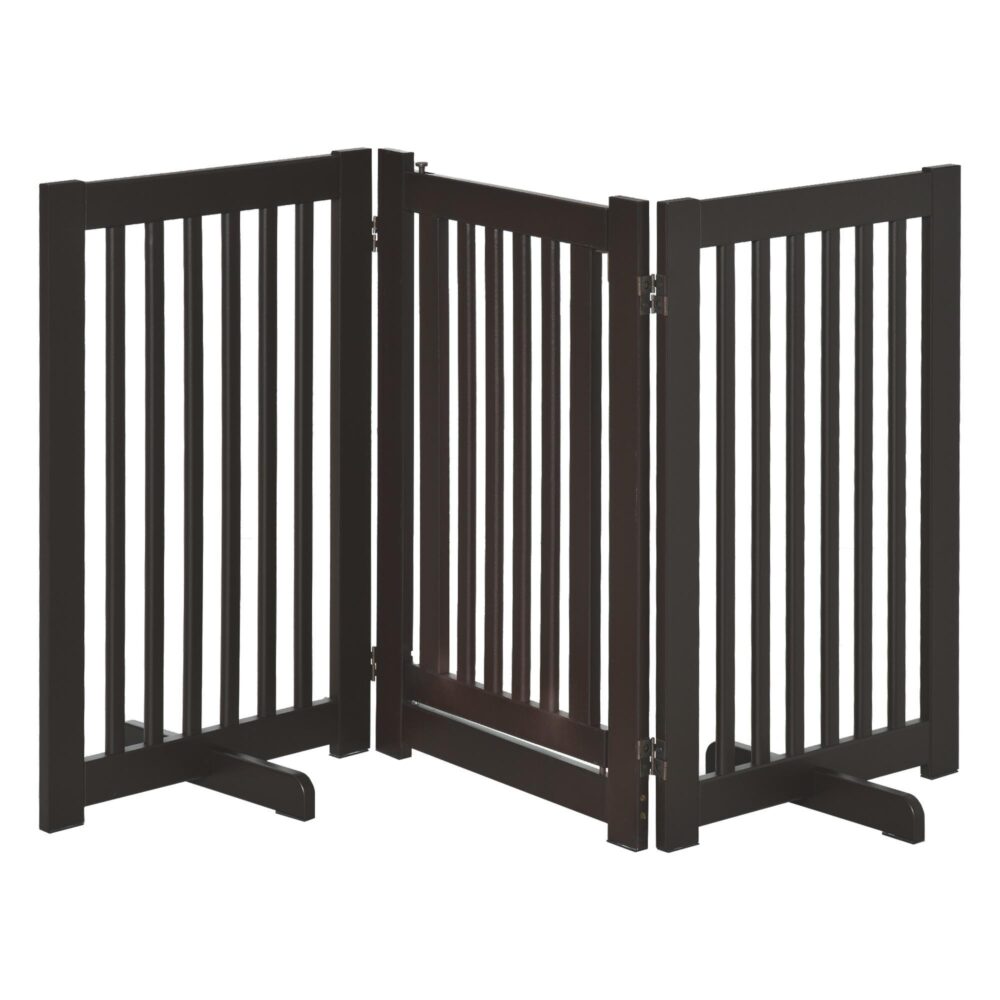Justerbart fristående hunddörrskydd med hopfällbar design | Tre flyttbara paneler och säker mittdörr | Solid MDF-ram i mörkbrunt