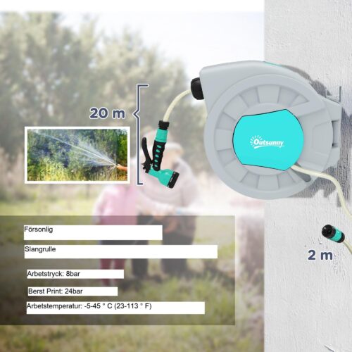 20 m väggmonterbar slangvinda med 180° vridning och automatisk upprullning, handdusch med 7 funktioner, UV-beständig design
