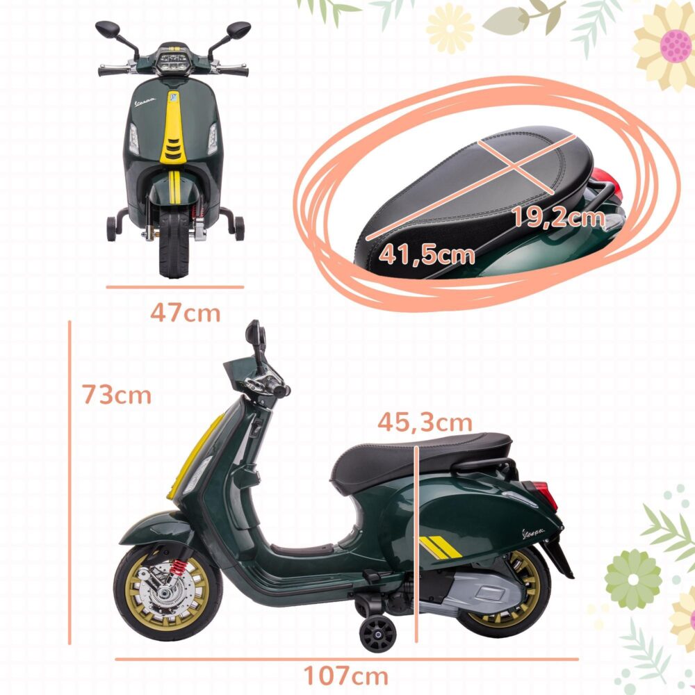 Licensierad 6V Vespa elektrisk motorcykel för barn med MP3 USB FM-radio och LED-strålkastare – Säker körning med 2 träningshjul för åldrarna 3-6