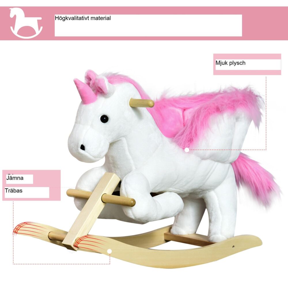 Unicorn Rocking Horse för barn med Musikknapp – Hållbar och Säker Design | Rosa + Vit plysch
