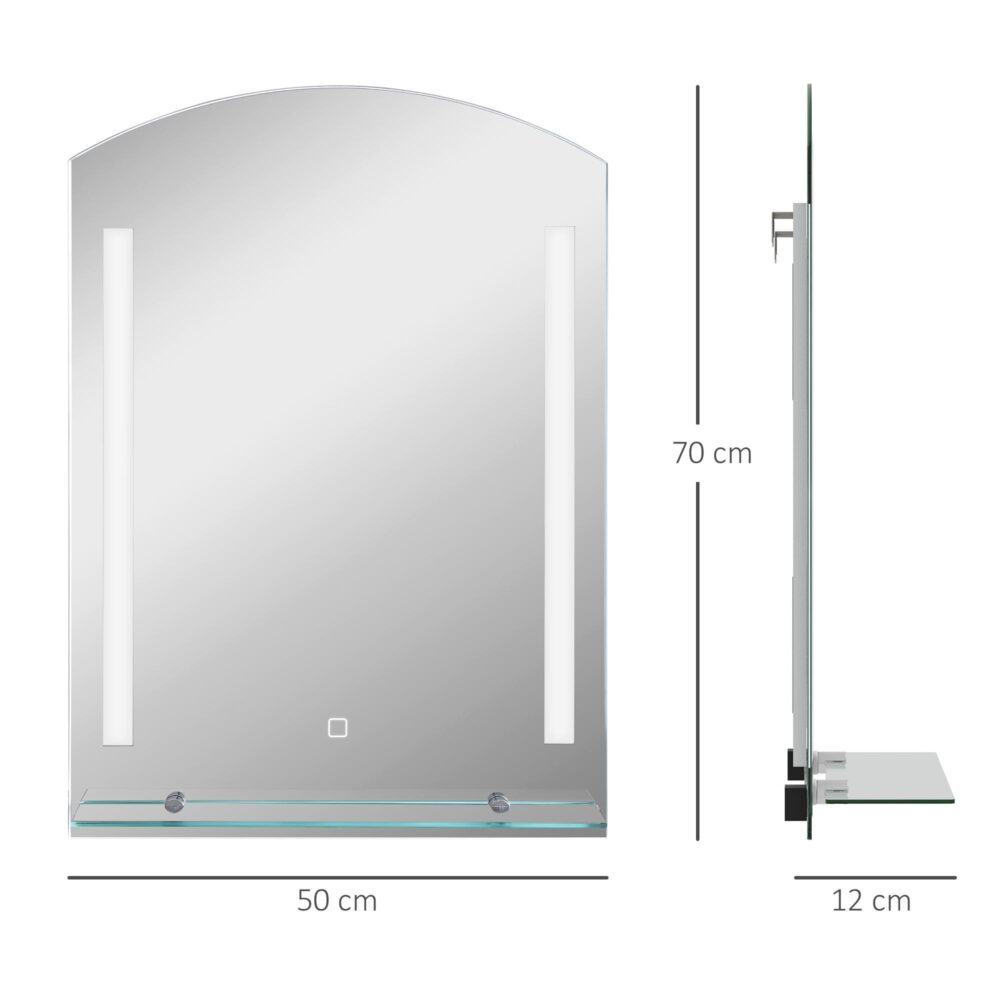 Badrumsspegel med LED-belysning och pekknapp, minnesfunktion | Integrerad glashylla för förvaring | Hållbar aluminiumram, IP44-klassning | 50×70 cm