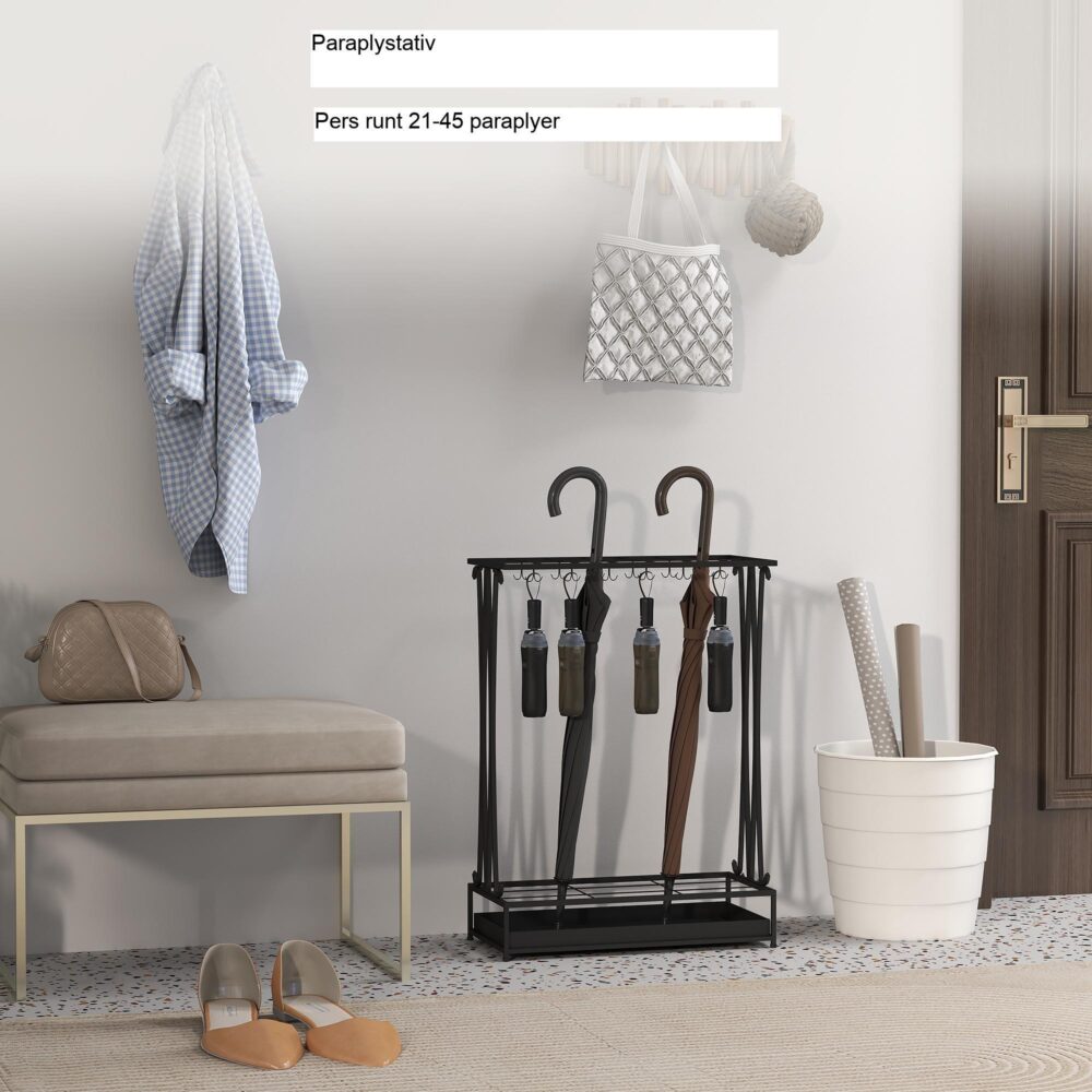 Paraplyställ Stålparaplyställ Rektangulärt paraplyställ med 24 krokar, 21 hål, avtagbar vattendroppbricka för promenadpinnar och paraplyer 50 x 24 x 68 cm svart – rymmer upp till 45 paraplyer, robust stålkonstruktion