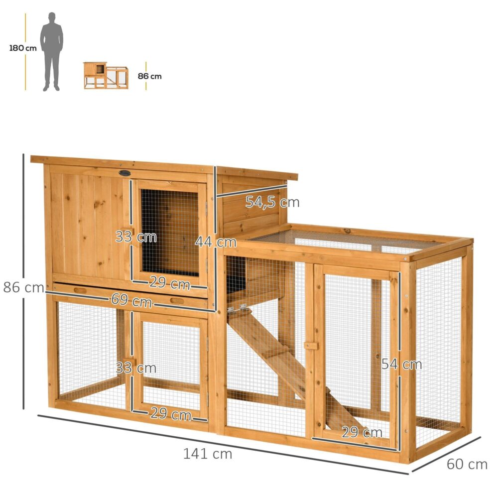 Kaninhydda Smådjursbur 141x60x86cm massivt granträ med avtagbar golvplatta och ramp för enkel rengöring – orange