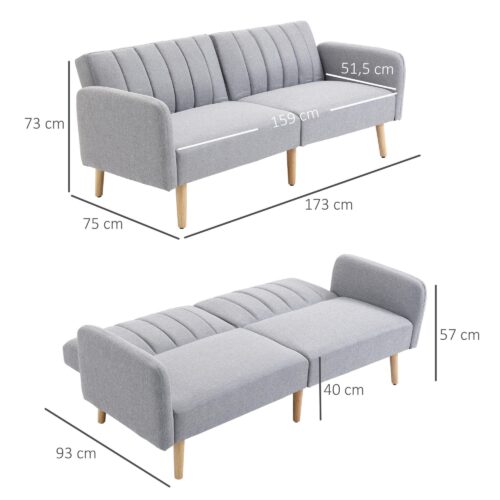 Bäddsoffa med sovfunktion – 2-i-1 soffa och säng, justerbar ryggstödsdesign, tjockt stoppad soffa | Modern randig klädsel med ekben | Grå | Storlek 173 x 75 x 73 cm