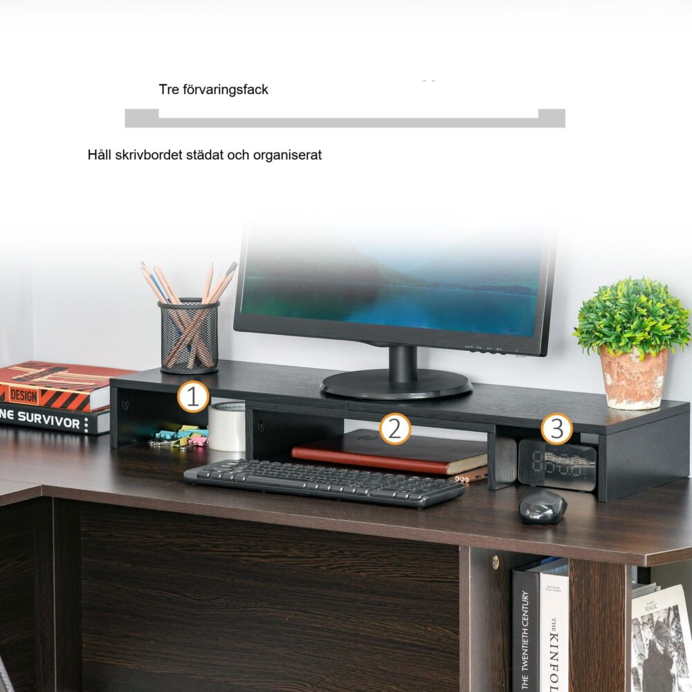 Ergonomisk justerbar bildskärmsstativ med dubbel skärmstöd, trippelagringshyllor och rymdbesparande design för nackelättande – MDF -material, svart färg