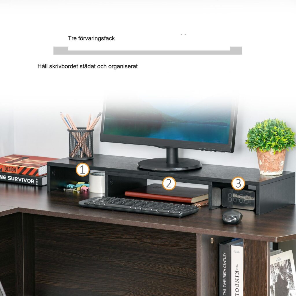 Ergonomisk justerbar bildskärmsstativ med dubbel skärmstöd, trippelagringshyllor och rymdbesparande design för nackelättande - MDF -material, svart färg