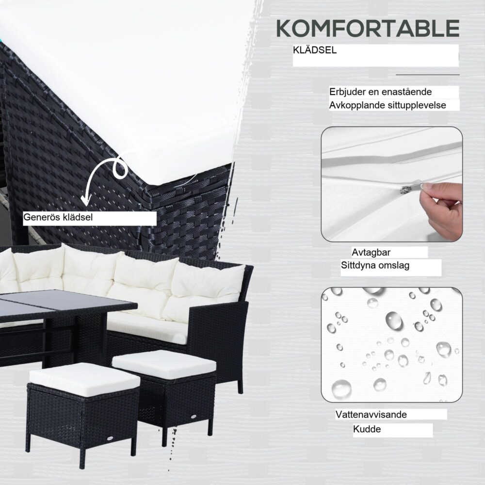 7-delars soffgrupp i trädgårdsrotting med bekväma sittplatser och robust metallram – väderbeständig för inomhus/utomhusbruk