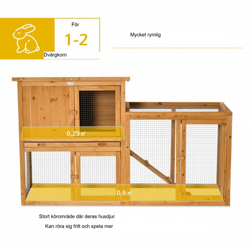 Kaninhydda Smådjursbur 141x60x86cm massivt granträ med avtagbar golvplatta och ramp för enkel rengöring - orange