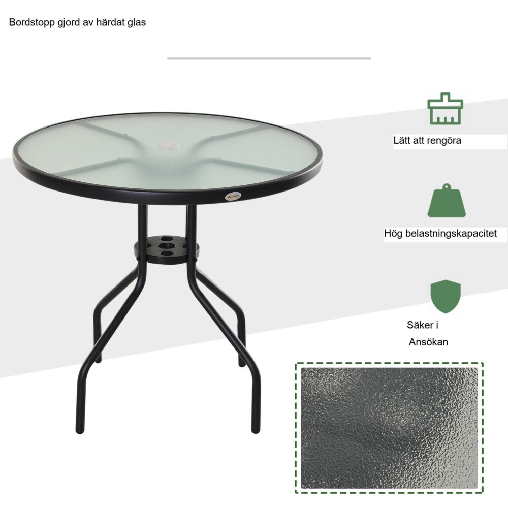 Trädgårdsbord med parasollhållare, robust stålram och kompakt design för enkel rörlighet