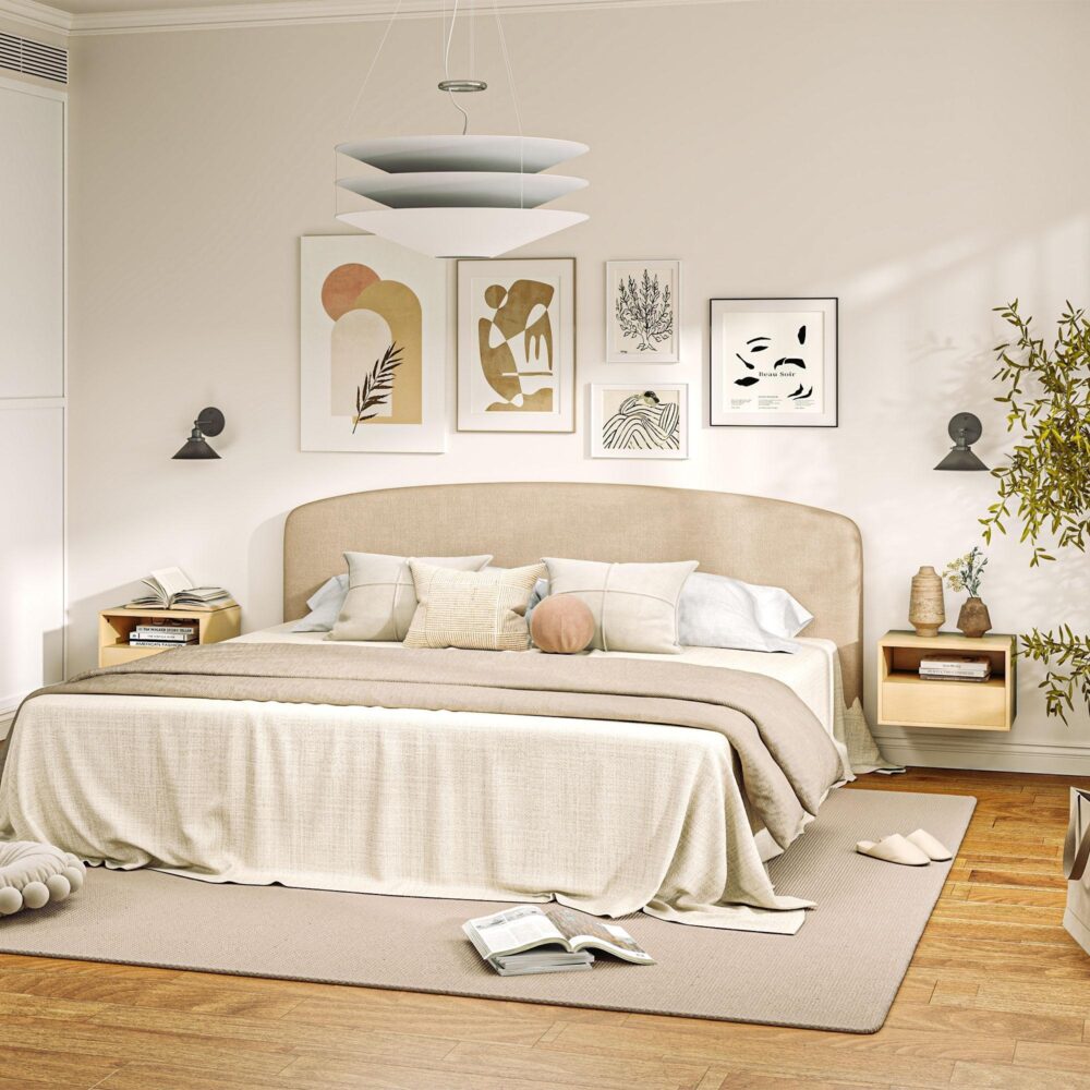 Set med 2 hängande sängskåp – Flytande design för enkel rengöring och platsbesparande förvaring med låda och öppen hylla | Konstruktion i naturligt trä