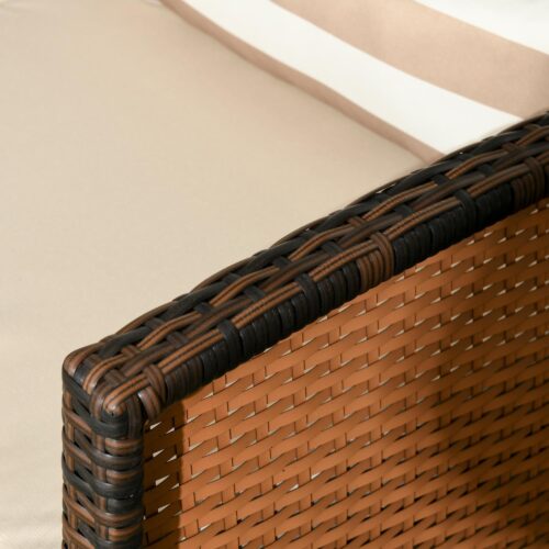 Rotting Garden Lounge Sofa för terrass och trädgård – bekväm 3-sits med kuddar, väderbeständig polyrotting, stålram, brun färg, mått W173cm