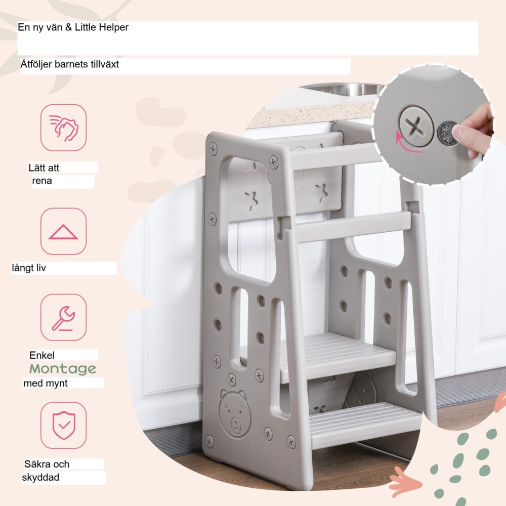 Montessori höjdjusterbart inlärningstorn med handtag, upp till 65 kg lastkapacitet, lätt att rengöra design