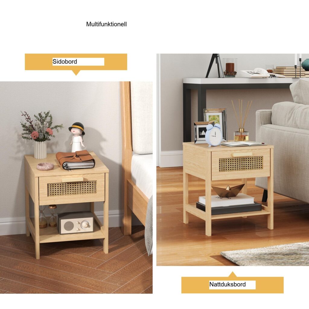 Sängbord sidobord med rymlig förvaring och rottingdesign för förhöjd stil