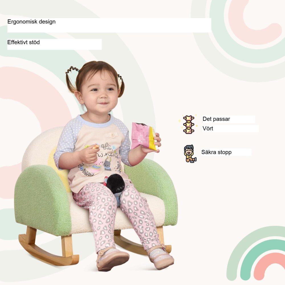 Gungstol för barn | Mjuk klädd fåtölj med lammskinnsimitation | Säker design av eukalyptusträ för 1,5-3-åringar | Bekväm och snygg barnsoffa
